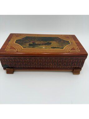 Vintage Cedar Jewelry Box Carved Leaf Pattern Canoe on Lake Rustic Cottage Chic
